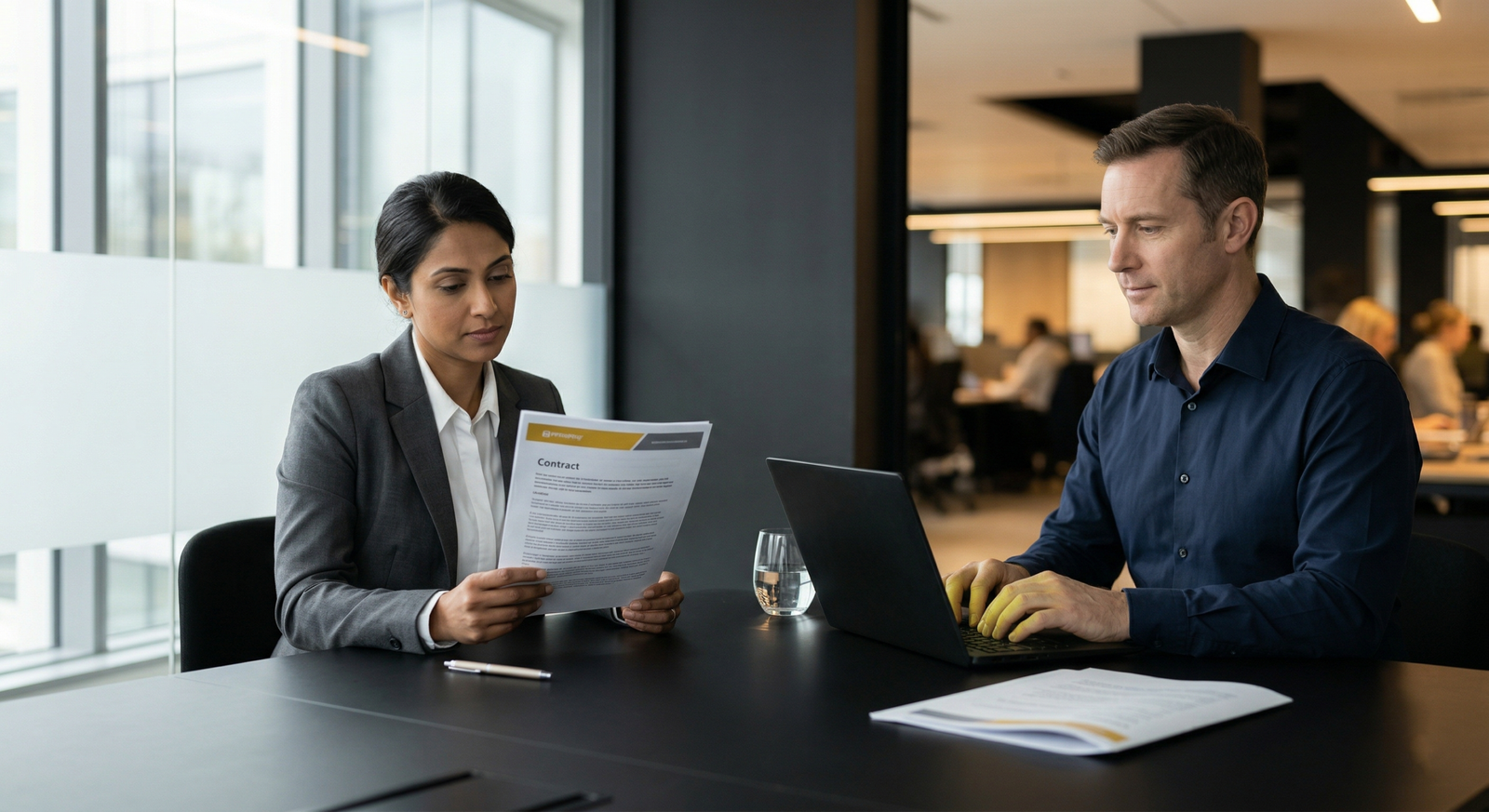 B2B professionals reviewing an agency contract during a vendor evaluation meeting