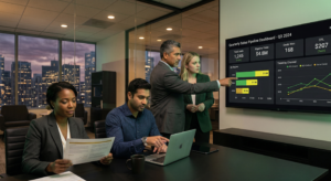 B2B sales team reviewing lead generation pipeline data on a dashboard monitor