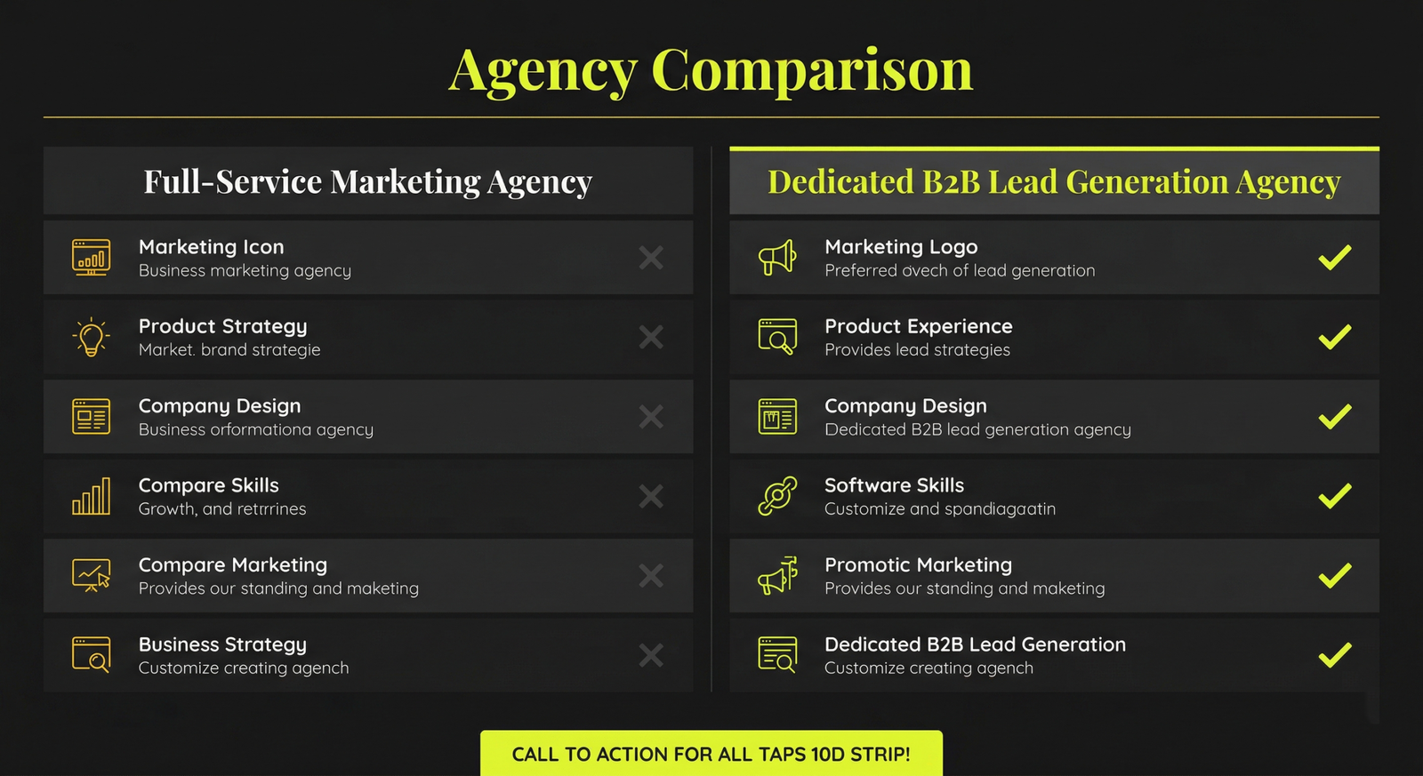 Comparison chart between a full-service marketing agency and a dedicated B2B lead generation agency showing different core capabilities